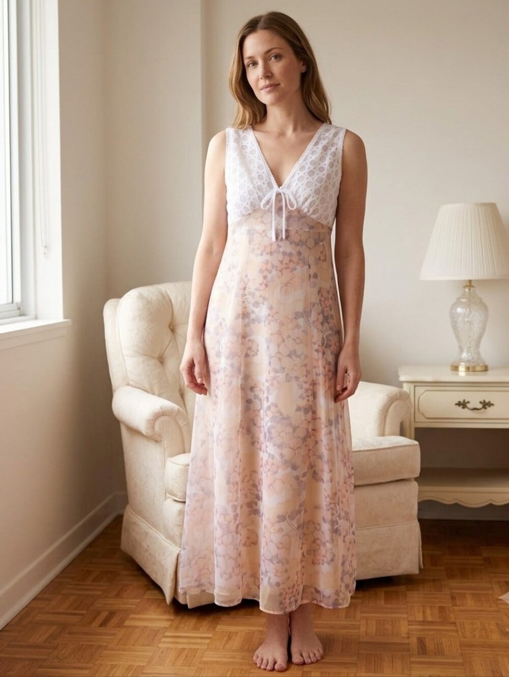 Vintage 70s Lingerie by Hamilton Floral Chiffon Nightgown Maxi Dress